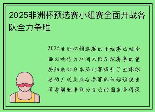 2025非洲杯预选赛小组赛全面开战各队全力争胜